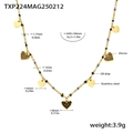 Detail showing heart charms and zircon stones on a stainless steel gold necklace - Gold Heart Black Zirconia Necklace (TXP224)
