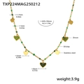 Gold stainless steel necklace with green oil drip beads and heart zircon pendant - Gold Heart Green Zirconia Necklace (TXP224)