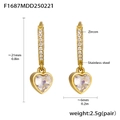 Detail of 18k gold plated stainless steel heart earrings with zircon inlay measurements - Heart Style (F1687)