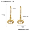 Detailed view of 18k gold plated evil eye earrings with zircon inlays and dimensions - Evil Eye Style (F1688)