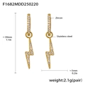 Macro view of gold stainless steel lightning earrings with zircon details and measurements - Gold Lightning Style (F1682)