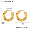 Detail of 34mm gold stainless steel hoop earrings with woven texture and weight info - Gold