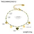 Goldenes Edelstahl-Fußkettchen mit grünem Zirkon-Herzanhänger und Emaille-Perlen - Goldherz Grüne Zirkonia Armband (TXE224)