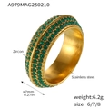 Gold stainless steel ring featuring four rows of pavé-set green zircon stones, 7mm width - US 6 / Green Zirconia