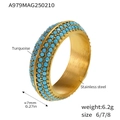 Gold wide stainless steel ring with three rows of turquoise beads for women - US 6 / Sky Blue Turquoise