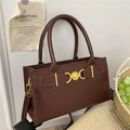 Deep brown faux leather tote with golden heart clasp and detachable shoulder strap - Brown
