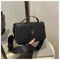 Chic black square crossbody bag with gold D-buckle and wide nylon shoulder strap - Black