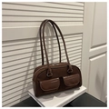 Detail of dark brown suede shoulder bag with glossy leather pockets and silver hardware - Brown No Pendant