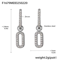 Silver stainless steel oval drop earrings with zircon inlay shown with dimensions - Steel Color Oval Style (F1679)