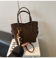 Dark brown tote bucket bag with multi-colored wooden bead tassel charm and shoulder strap - Coffee with Pendant
