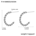Silver twisted C-shape hoop earrings in stainless steel with textured rope design - Twisted Pattern C-Shape - Steel (F1418)