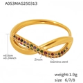 Detail view of 18K gold plated stainless steel ring with colorful zircon stones and size info - Gold Mixed Color Zircon Ring