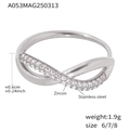 Silver criss-cross stainless steel ring with micro-set zircons and wave design - US 7 / Steel Zirconia Ring / Steel