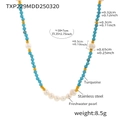 Dettaglio della collana di turchese e perle d'acqua dolce con accenti in acciaio - Collana in Perle d'Acqua Dolce e Pietra Naturale (40+5cm)