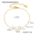 Macro shot of gold stainless steel safety pin bracelet with zircon crystals and dimensions - Gold Safety Pin Zirconia Bracelet (TXE233) / 16+5cm
