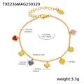 Macro shot of stainless steel gold chain with colorful oil drip heart-shaped pendants - Mixed Color Heart Bracelet / 15+5cm / Gold