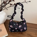 Borsa a spalla in crêpe nero con rose rosa e fiocchi, borsa sottobraccio stile dolce - Nero