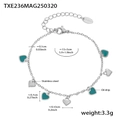Stainless steel heart charm bracelet with teal oil drip finish and size dimensions - Green Heart Bracelet / 15+5cm / Steel