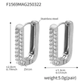 U-shaped stainless steel zircon earrings with 20mm height and clear dimensions display - Silver White Zircon