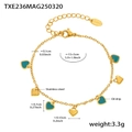 Macro detail of a gold stainless steel heart charm bracelet with colorful enamel inlay - Green Heart Bracelet / 15+5cm / Gold