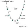 Stainless steel necklace with heart charms featuring teal oil drip finish and silver details - Green Heart Necklace / 40+5cm / Steel