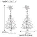 Pendientes de estrella y árbol de Navidad 3D en acero inoxidable plateado pulido - Color Acero