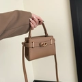 Brown litchi grain leather square handbag with golden twist lock and top handle - Khaki