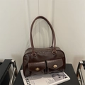 Deep brown PU leather Boston bag with dual front pockets and glossy polished finish - Brown