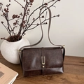 Vintage dark brown square shoulder bag with oil-wax texture and gold metal buckle - Brown