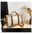 Bolso tote chic de lona beige con asas marrones y correa de hombro ajustable para mujer - Marrón