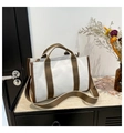 Bolso tote de lona beige con correas marrones y correa ancha de hombro extraíble - Marrón
