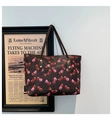 Detail of vintage cherry print on dark brown tote bag with metal rivet straps - Brown