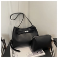 Black matte leather shoulder bag set with silver clasp and small zipper pouch - Black