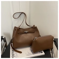 Brown soft leather tote bag set with lock detail and matching zipper clutch bag - Brown
