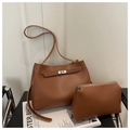 Brown soft leather tote bag and zipper pouch set with silver metal buckle detail - Brown
