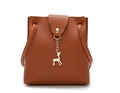 Mini caramel bucket bag with litchi grain texture and gold deer pendant charm - Brown