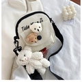 Detail of canvas crossbody bag with 3D plush bear patches and adjustable strap - Full Set Plush Toys + Bear White