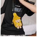 Detail of yellow canvas crossbody bag featuring a 3D teddy bear doll and black strap - Yellow