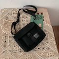 Japanese harajuku style black canvas messenger bag with adjustable strap and buckle - Black (Without Charm)