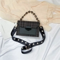 Tweed crossbody bag in dark grey with acrylic chain and daisy print wide strap - Black