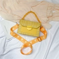 Yellow tweed square bag with daisy strap and chunky chain handle in a 45-degree view - Yellow