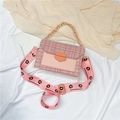 Pink tweed crossbody bag with wide floral shoulder strap and stylish acrylic chain link - Pink
