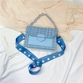 Blue tweed crossbody bag with daisy strap and blue chain handle on a white background - Blue