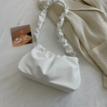 White pleated cloud shoulder bag in soft PU leather with matching ruched strap design - White