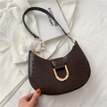 Dark brown crocodile pattern half moon shoulder bag with pearl strap detail - Dark Brown