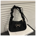 Elegant black pleated shoulder bag featuring a golden bow and unique cloud-style handle - Black 9091