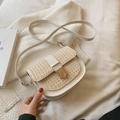 Woven half-moon saddle bag in beige faux leather with a geometric gold buckle - White