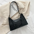 Classic black baguette bag with crocodile texture and thick chain strap detail - Black
