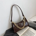 Dark brown crocodile embossed underarm bag with glossy finish and gold chunky chain - Coffee