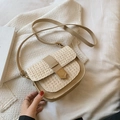 Beige woven straw saddle bag with leather trim and adjustable shoulder strap - Khaki